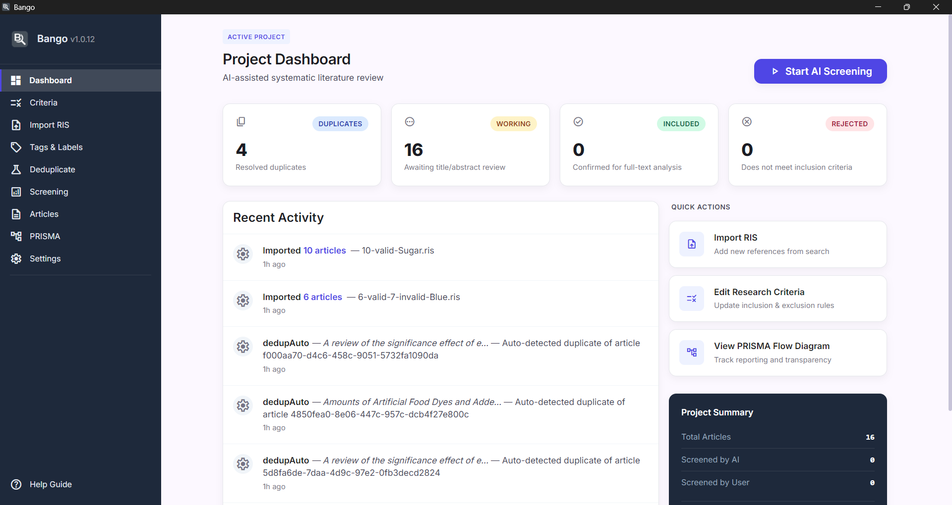 Bango dashboard showing review progress and article counts