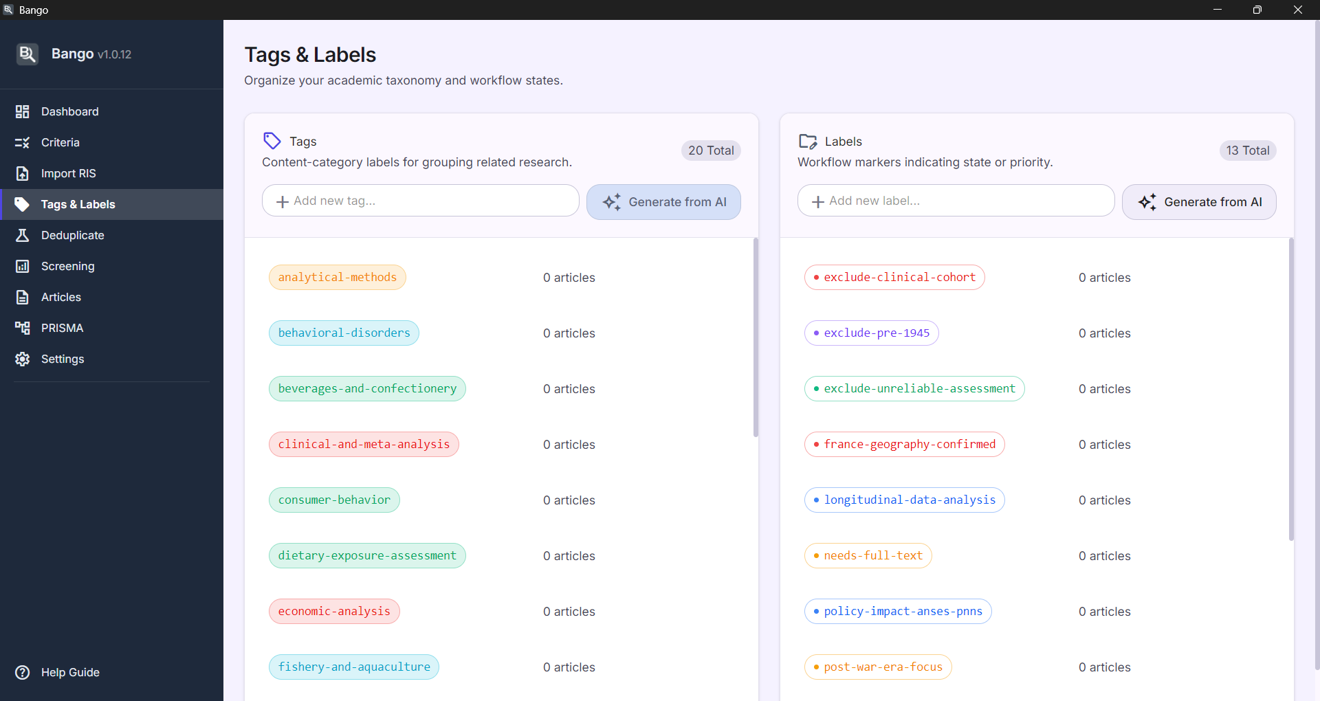 Tags and labels management screen